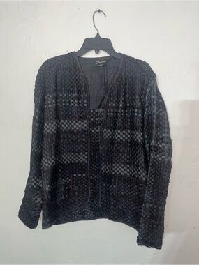 100% SILK Basket Weave Vintage Indian  Chańna Black Textured Monochrome Cardigan